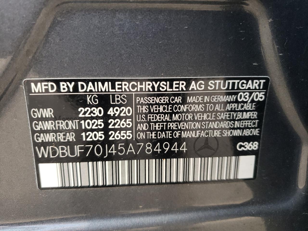 Photo 10 from auction – 2005 MERCEDES-BENZ E 500 with VIN WDBUF70J45A784944