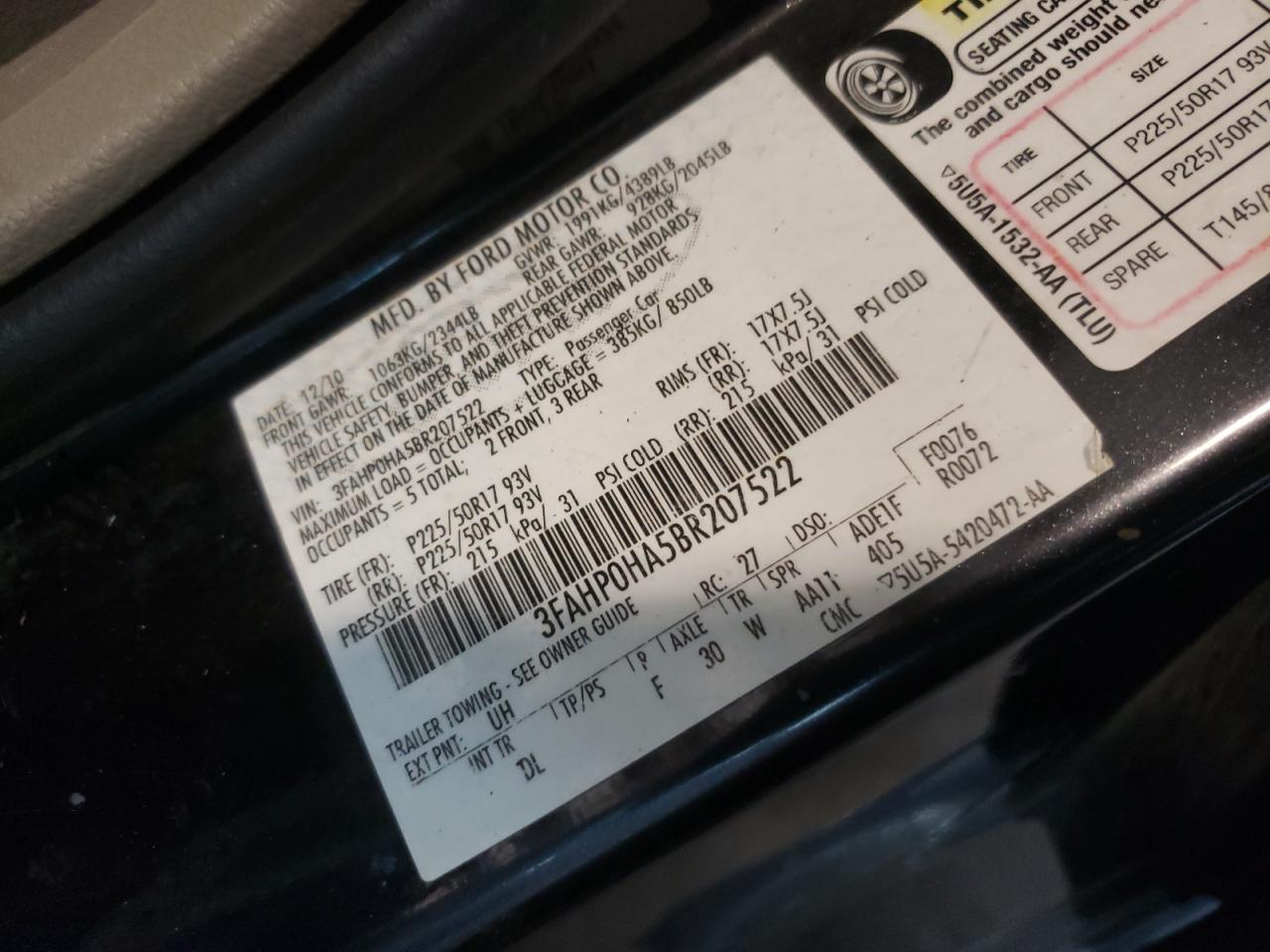 Photo 10 from auction – 2011 FORD FUSION SE with VIN 3FAHP0HA5BR207522