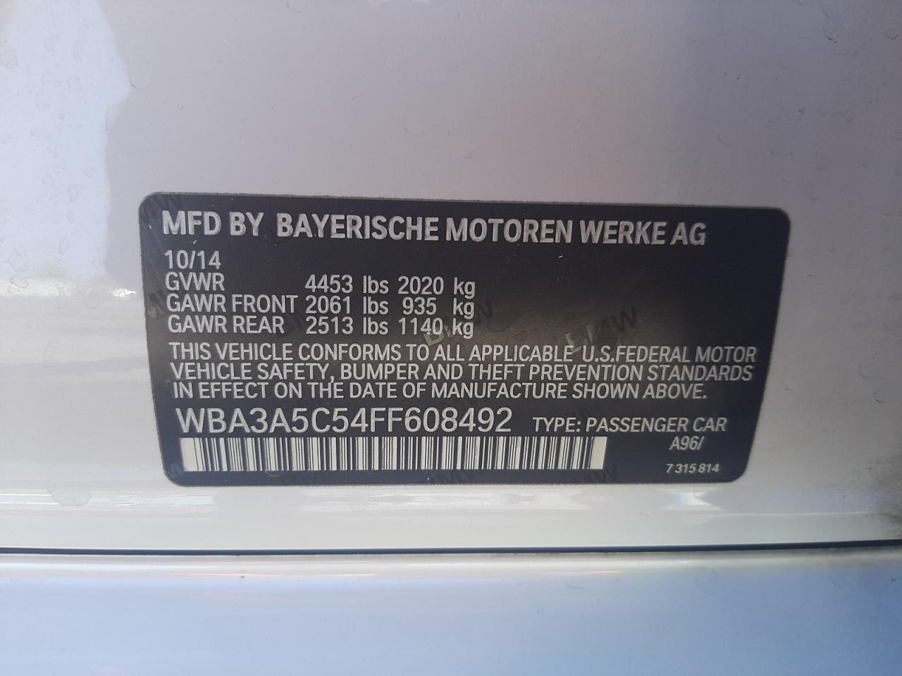 Photo 10 from auction – 2015 BMW 328 I with VIN WBA3A5C54FF608492