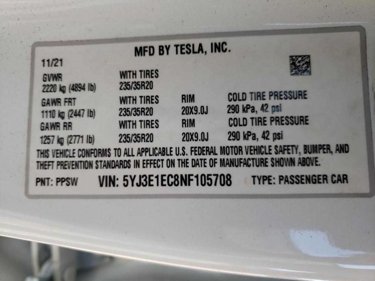 Photo 10 from auction – 2021 TESLA MODEL 3 with VIN 5YJ3E1EC8NF105708
