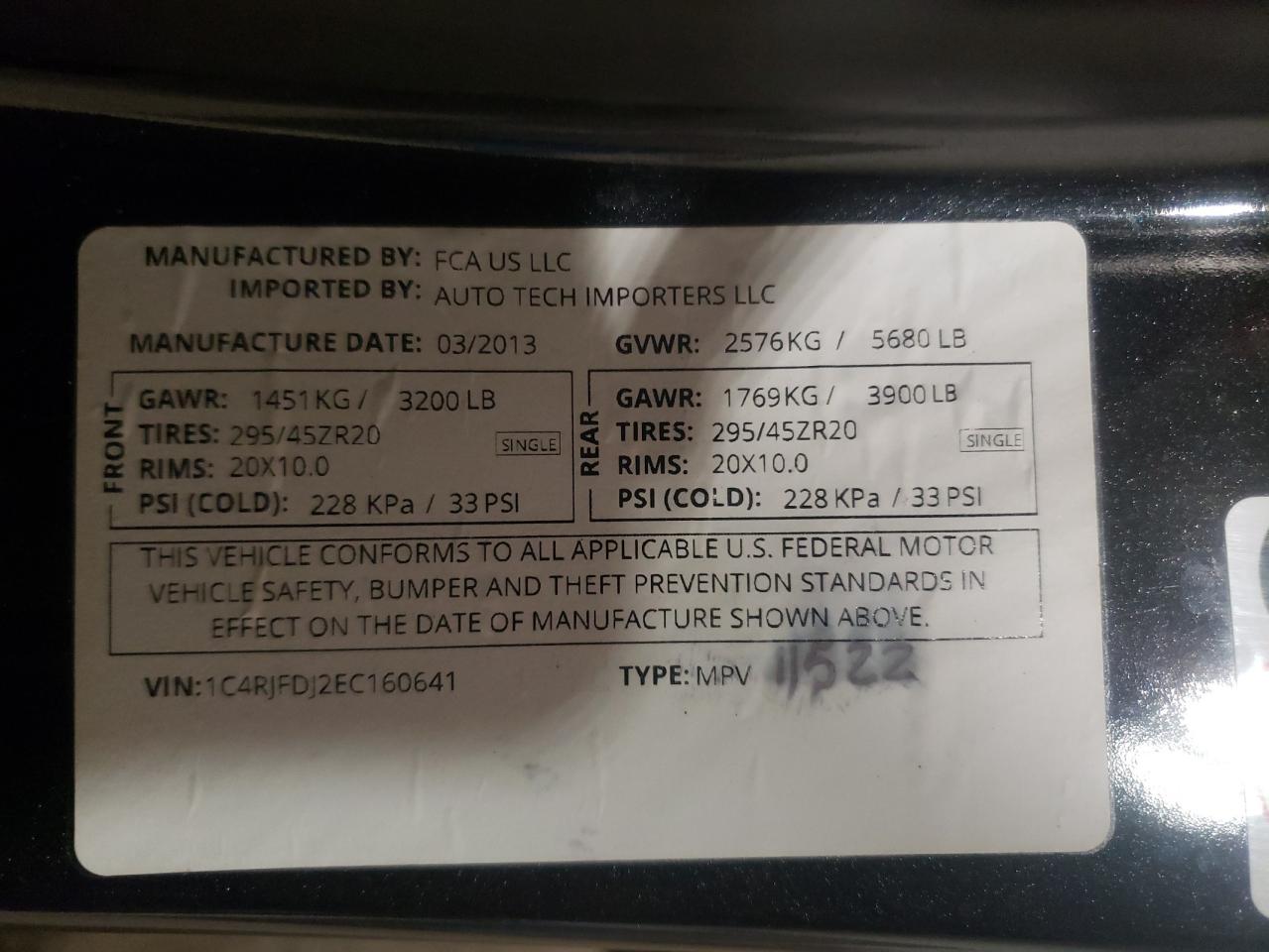 Photo 10 from auction – 2014 JEEP GRAND CHER with VIN 1C4RJFDJ2EC160641