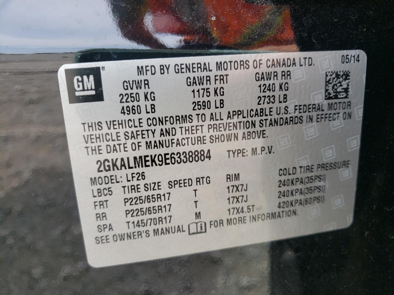 Photo 10 from auction – 2014 GMC TERRAIN SL with VIN 2GKALMEK9E6338884