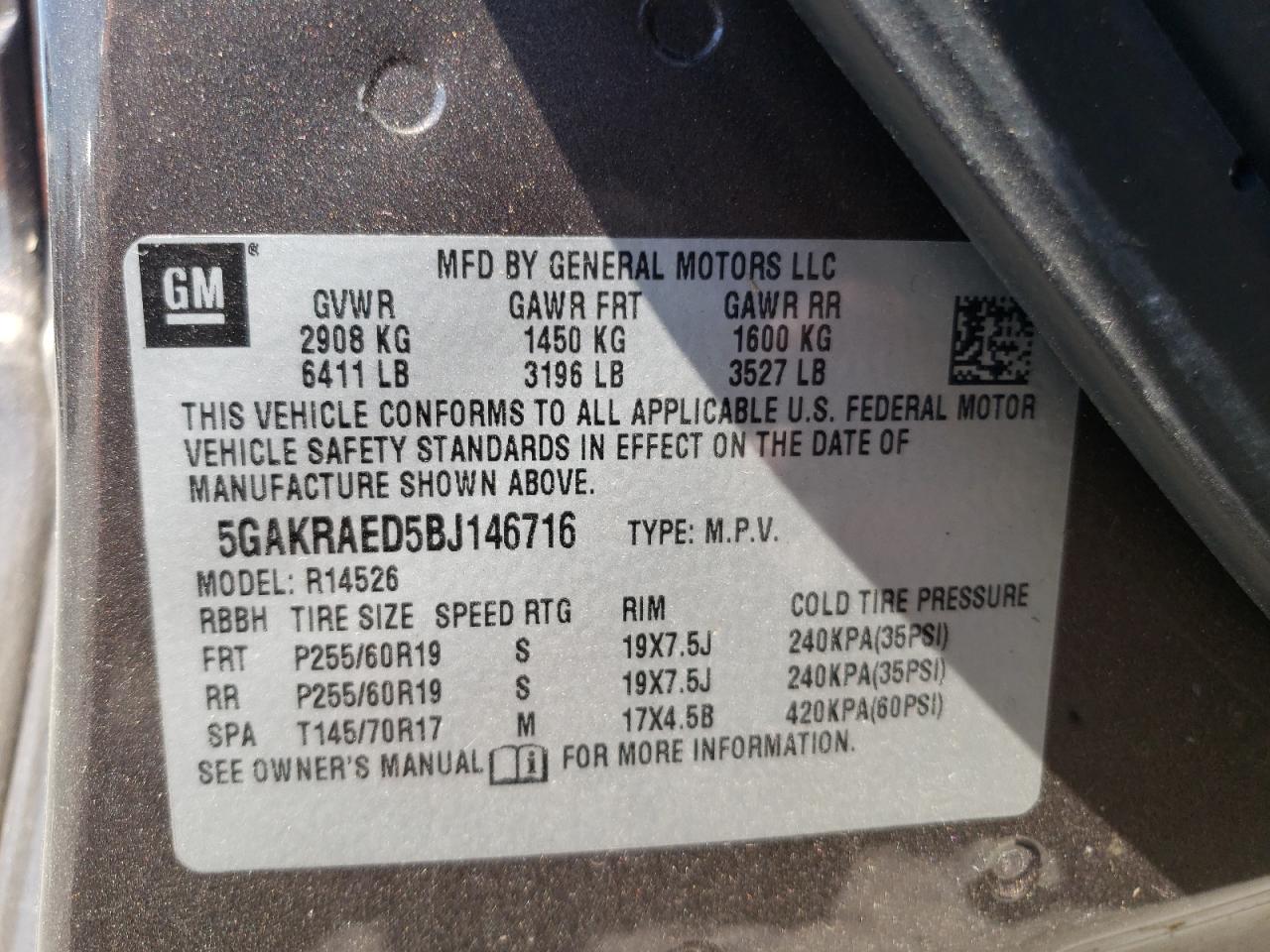 Photo 10 from auction – 2011 BUICK ENCLAVE CX with VIN 5GAKRAED5BJ146716