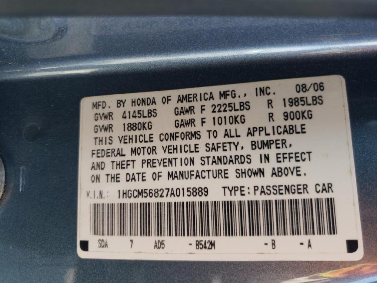 Photo 10 from auction – 2007 HONDA ACCORD with VIN 1HGCM56827A015889