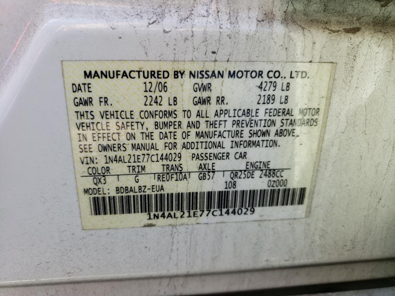 Photo 10 from auction – 2007 NISSAN ALTIMA 2.5 with VIN 1N4AL21E77C144029