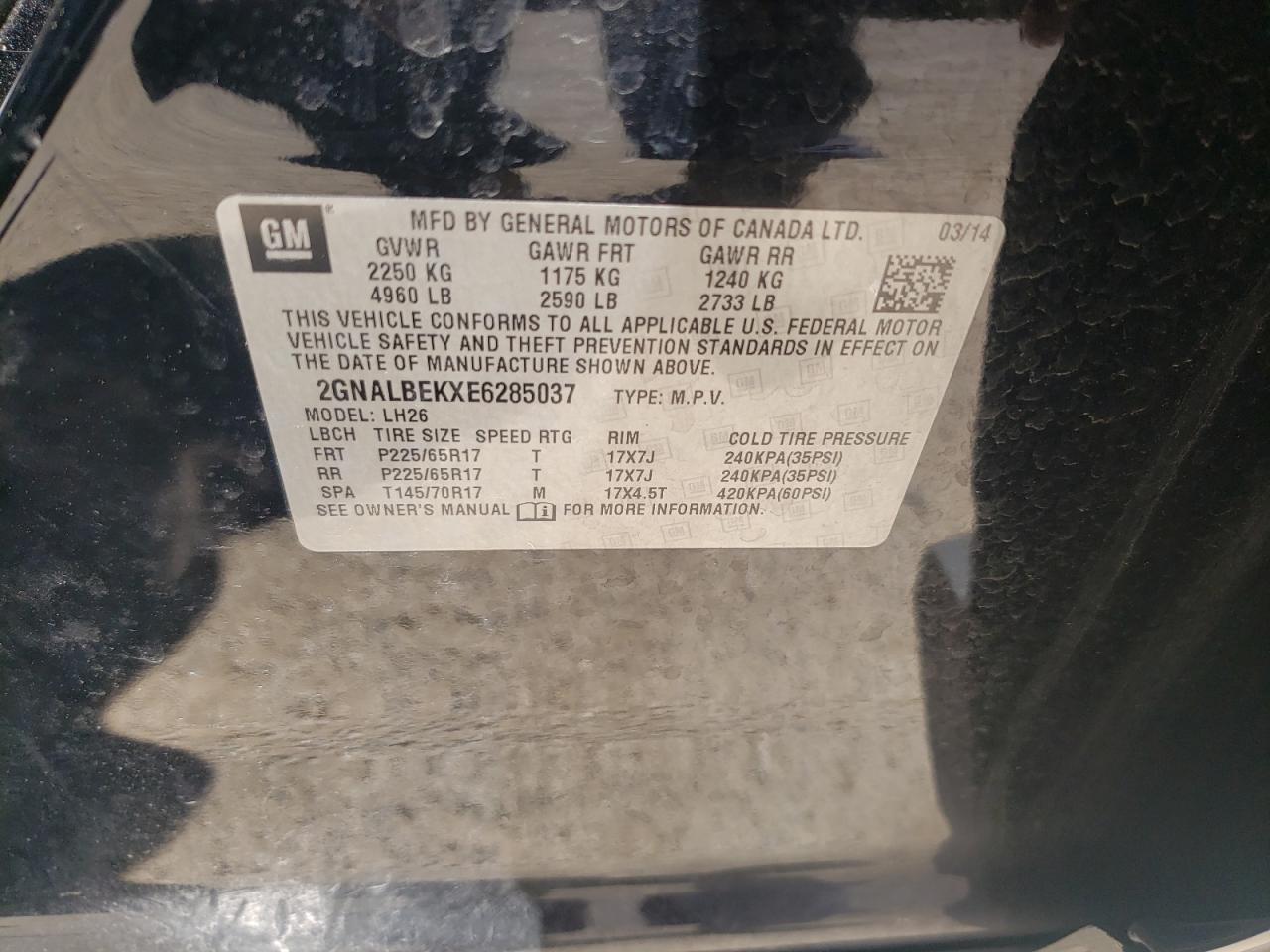 Photo 10 from auction – 2014 CHEVROLET EQUINOX LT with VIN 2GNALBEKXE6285037