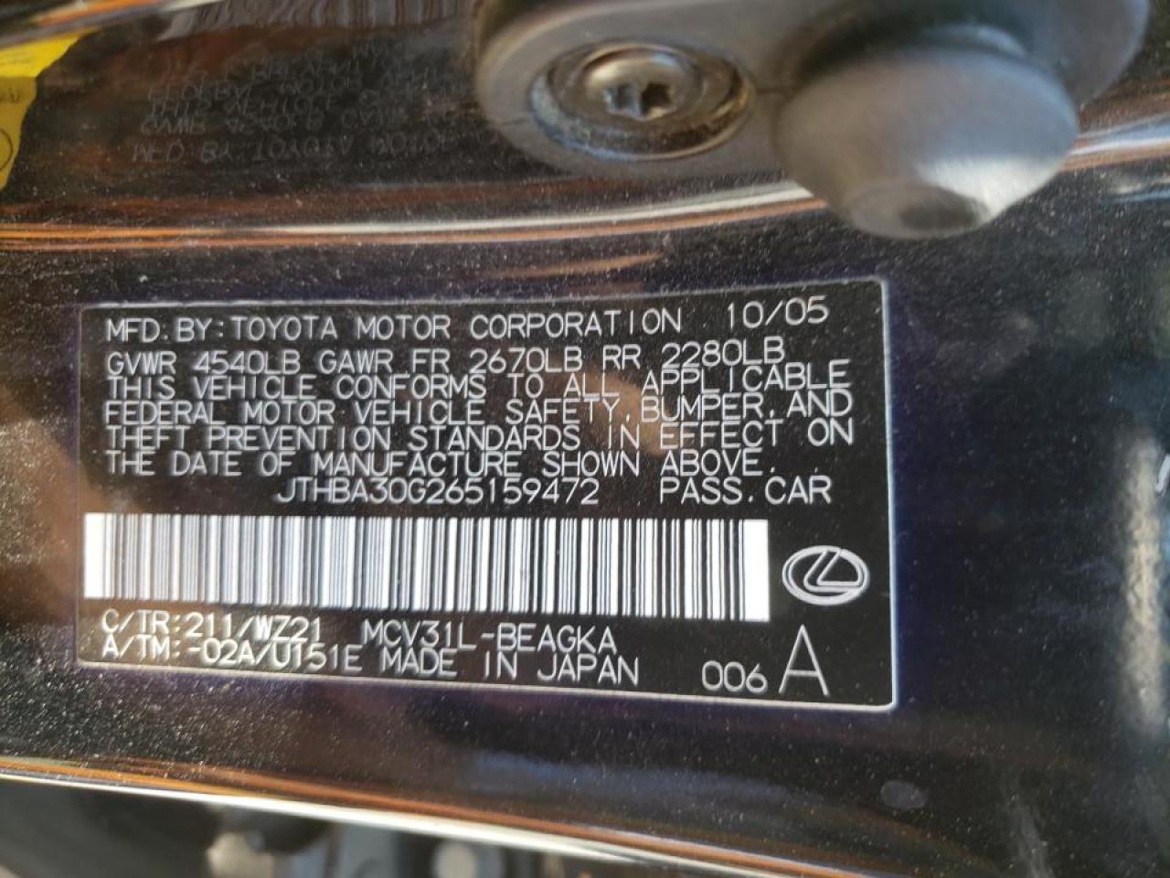 Photo 10 from auction – 2006 LEXUS ES 330 with VIN JTHBA30G265159472