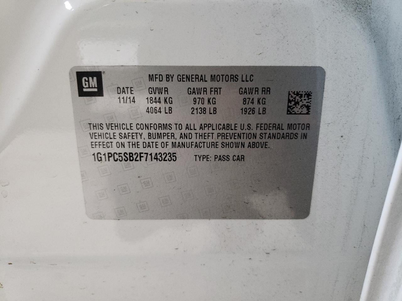Photo 10 from auction – 2015 CHEVROLET CRUZE LT with VIN 1G1PC5SB2F7143235