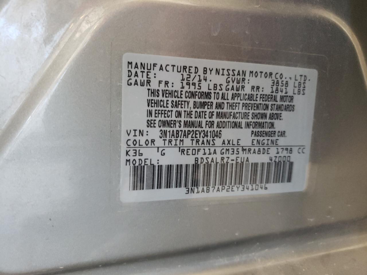 Photo 10 from auction – 2014 NISSAN SENTRA S with VIN 3N1AB7AP2EY341046