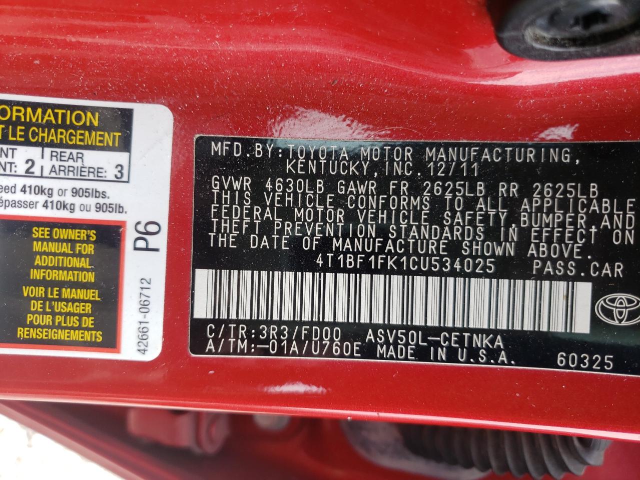 Photo 10 from auction – 2012 TOYOTA CAMRY BASE with VIN 4T1BF1FK1CU534025