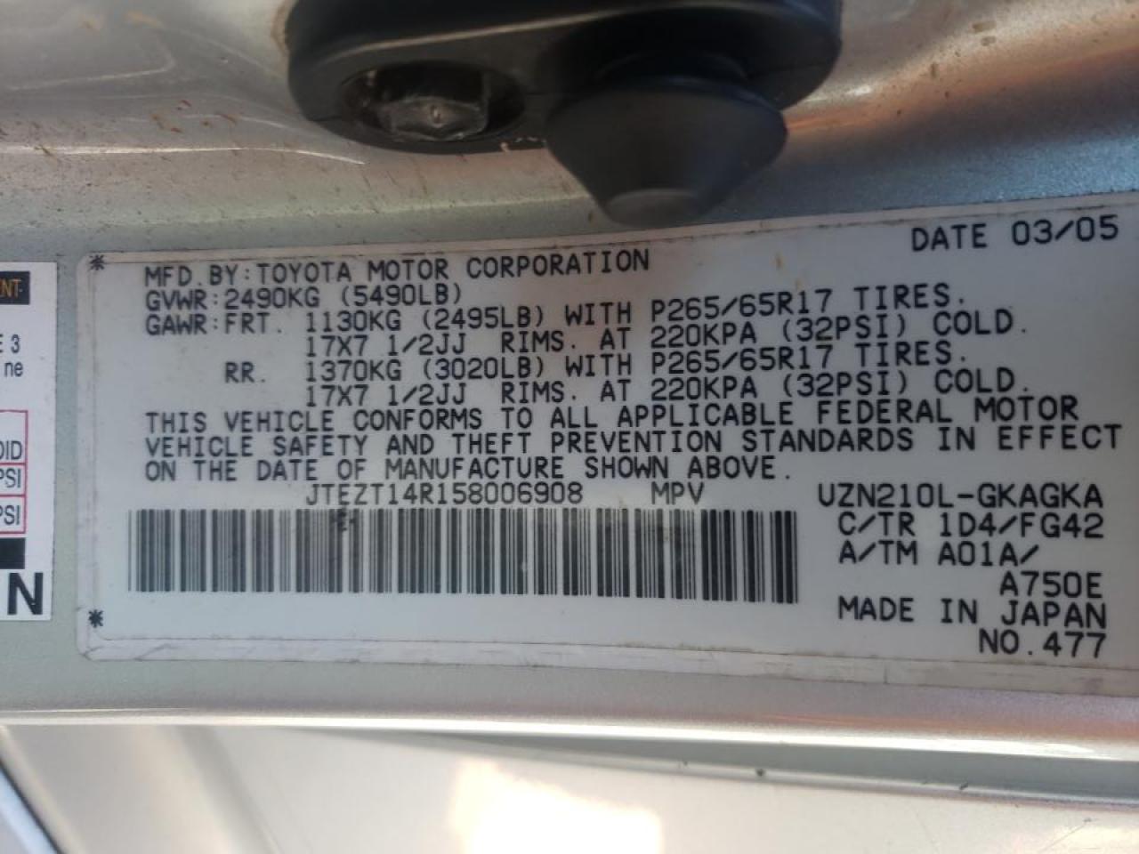 Photo 10 from auction – 2005 TOYOTA 4RUNNER SR with VIN JTEZT14R158006908