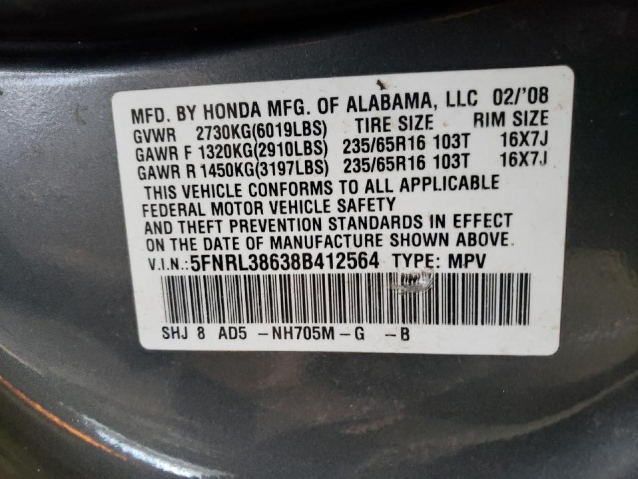 Photo 10 from auction – 2008 HONDA ODYSSEY EX with VIN 5FNRL38638B412564