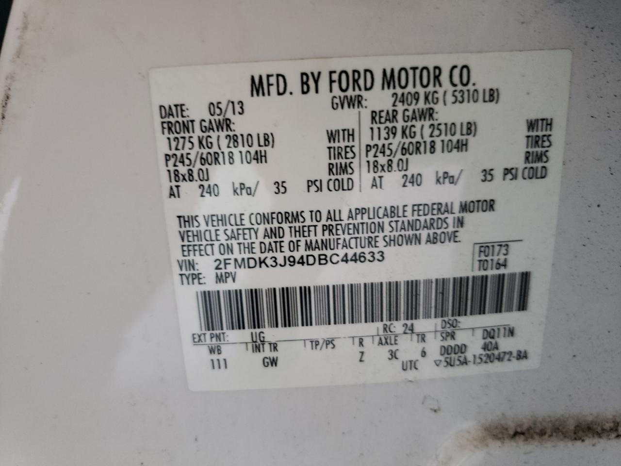 Photo 10 from auction – 2013 FORD EDGE SEL with VIN 2FMDK3J94DBC44633