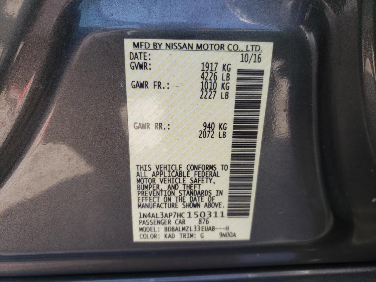 Photo 10 from auction – 2017 NISSAN ALTIMA 2.5 with VIN 1N4AL3AP7HC150311