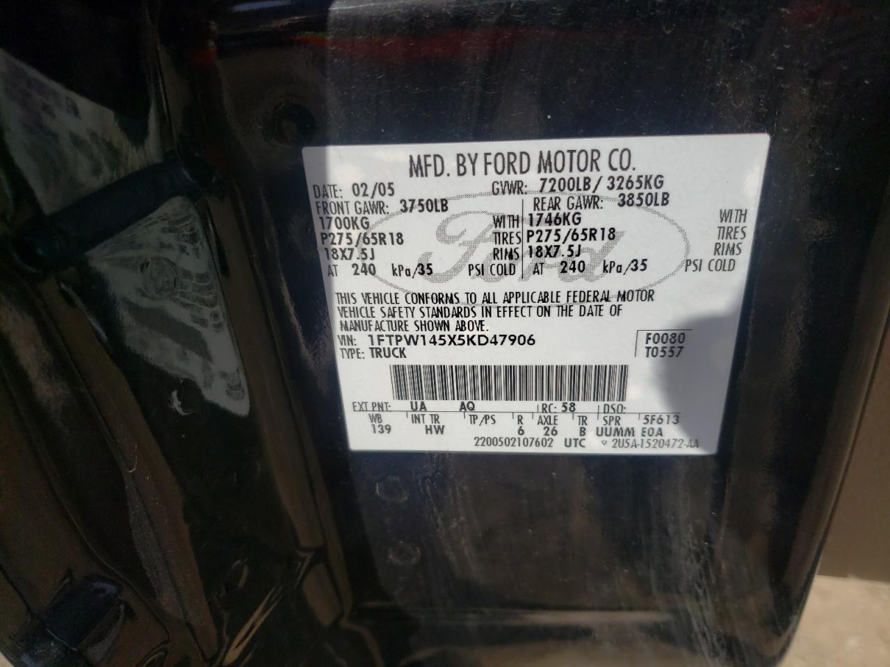 Photo 10 from auction – 2005 FORD F150 SUPER with VIN 1FTPW145X5KD47906