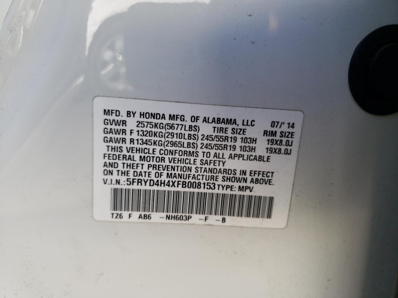 Photo 10 from auction – 2015 ACURA MDX TECHNO with VIN 5FRYD4H4XFB008153