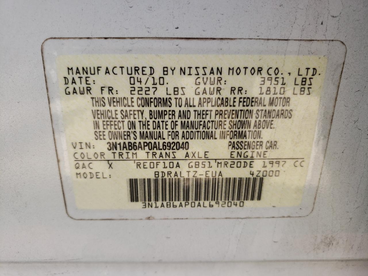 Photo 10 from auction – 2010 NISSAN SENTRA with VIN 3N1AB6AP0AL692040