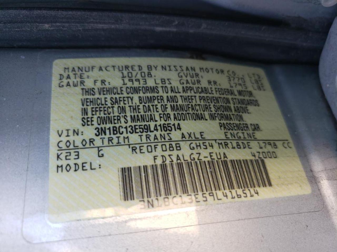 Photo 10 from auction – 2009 NISSAN VERSA S with VIN 3N1BC13E59L416514