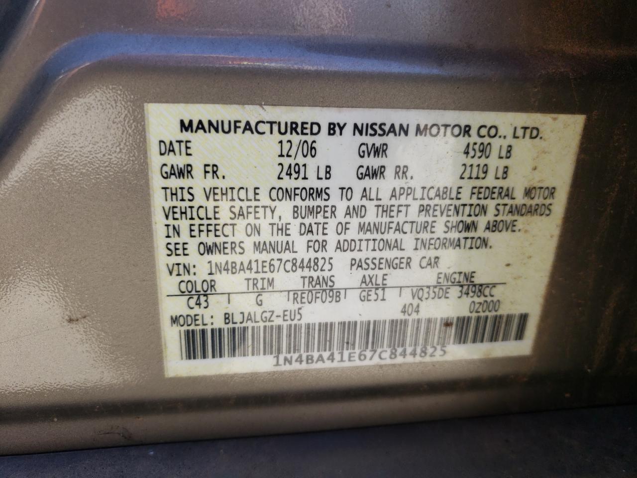 Photo 10 from auction – 2007 NISSAN MAXIMA SE with VIN 1N4BA41E67C844825