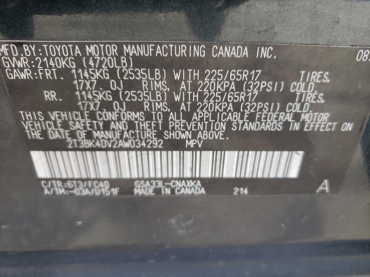 Photo 10 from auction – 2010 TOYOTA RAV4 with VIN 2T3BK4DV2AW034292