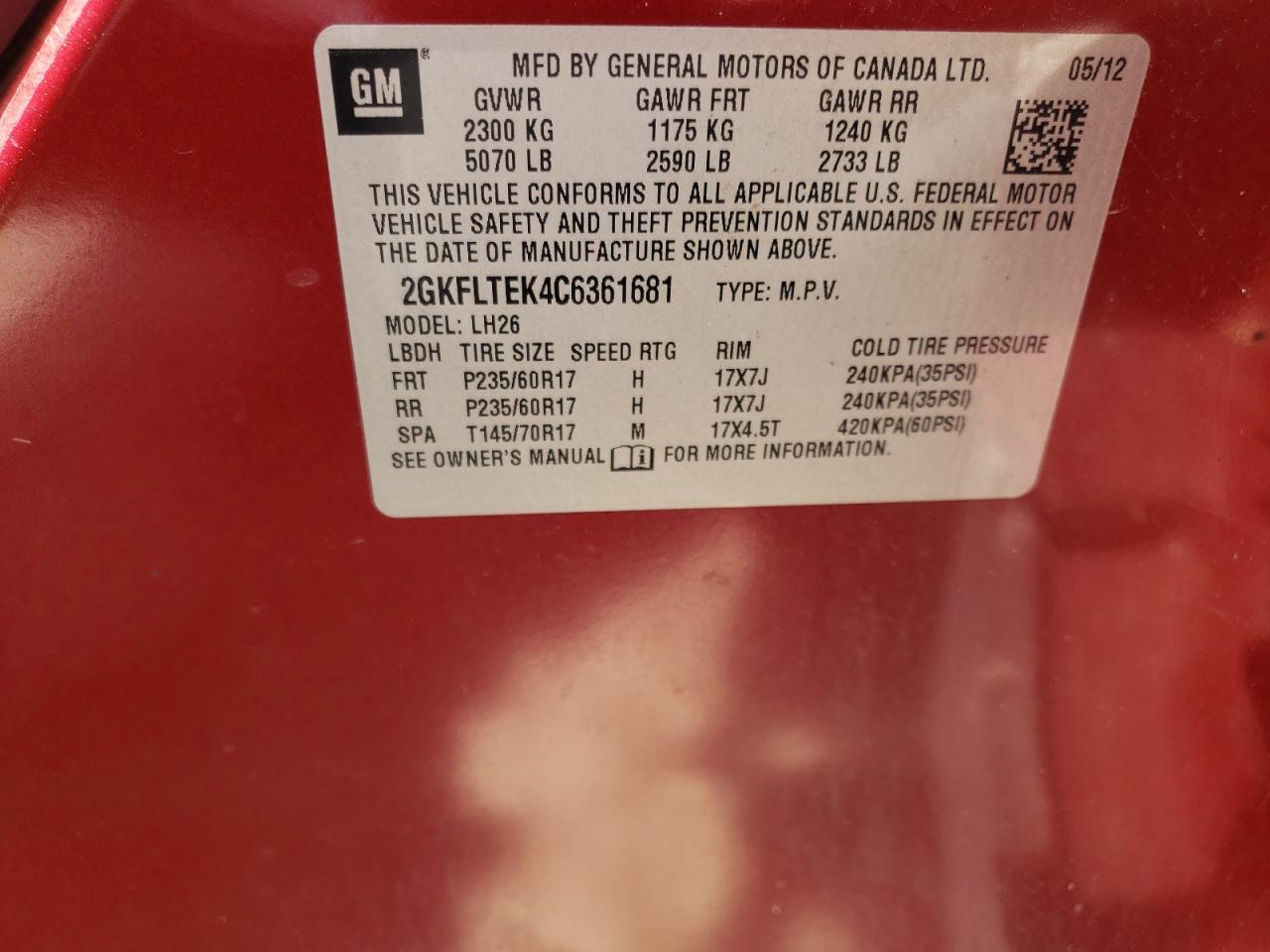 Photo 10 from auction – 2012 GMC TERRAIN SL with VIN 2GKFLTEK4C6361681