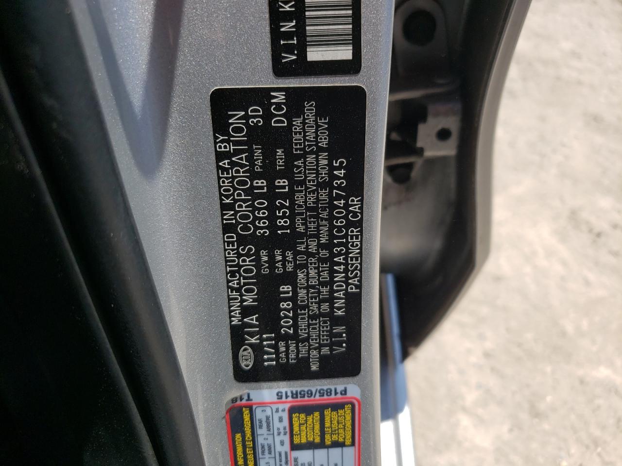 Photo 11 from auction – 2012 KIA RIO EX with VIN KNADN4A31C6047345