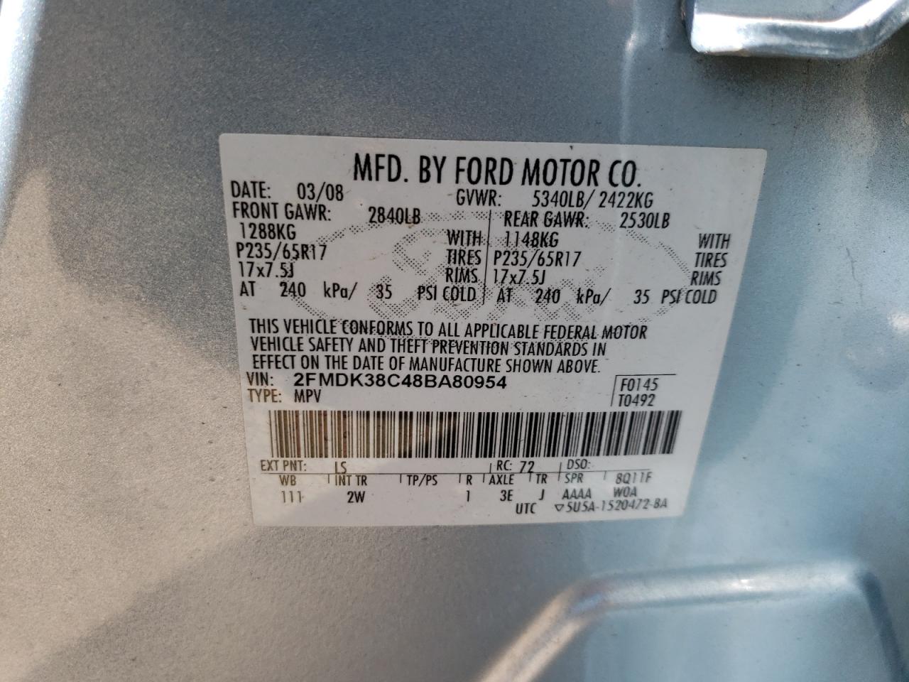 Photo 10 from auction – 2008 FORD EDGE SEL with VIN 2FMDK38C48BA80954