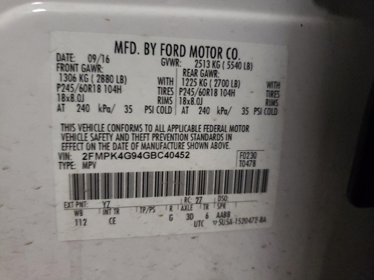 Photo 10 from auction – 2016 FORD EDGE SE with VIN 2FMPK4G94GBC40452
