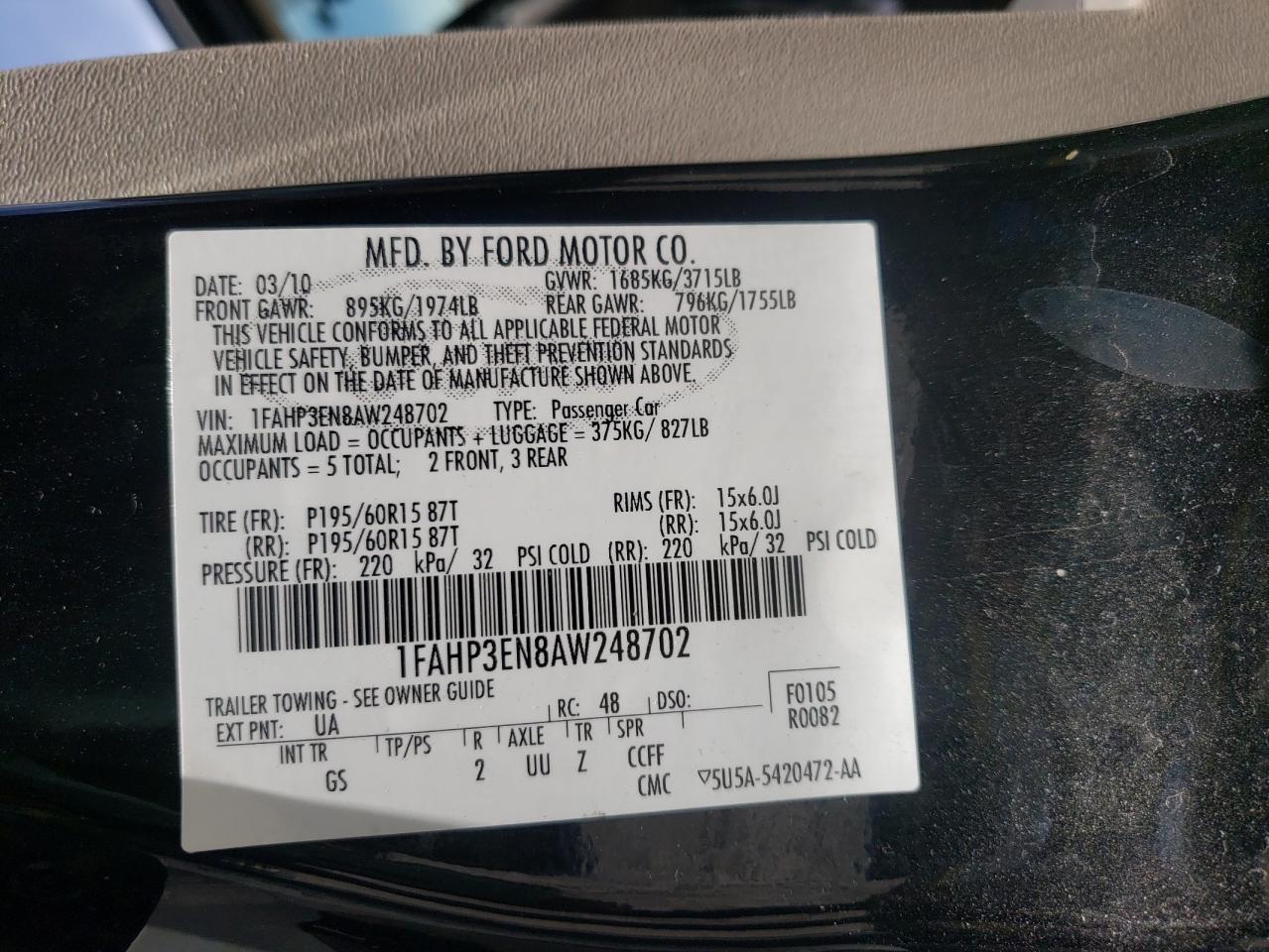 Photo 10 from auction – 2010 FORD FOCUS S with VIN 1FAHP3EN8AW248702