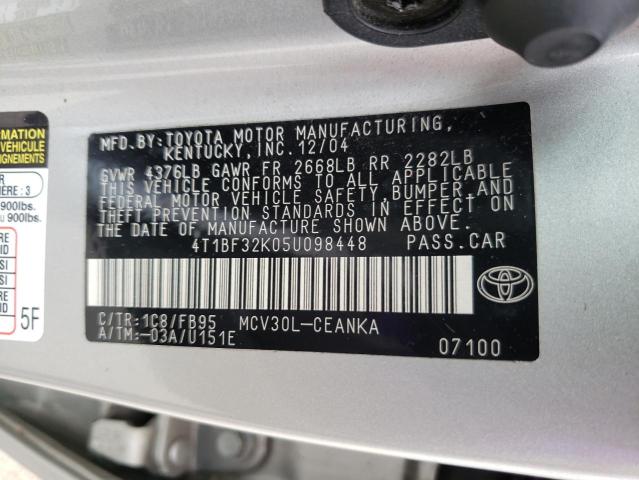 Photo 10 from auction – 2005 TOYOTA CAMRY LE with VIN 4T1BF32K05U098448