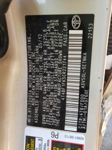 Photo 10 from auction – 2012 TOYOTA CAMRY BASE with VIN 4T4BF1FK5CR221744