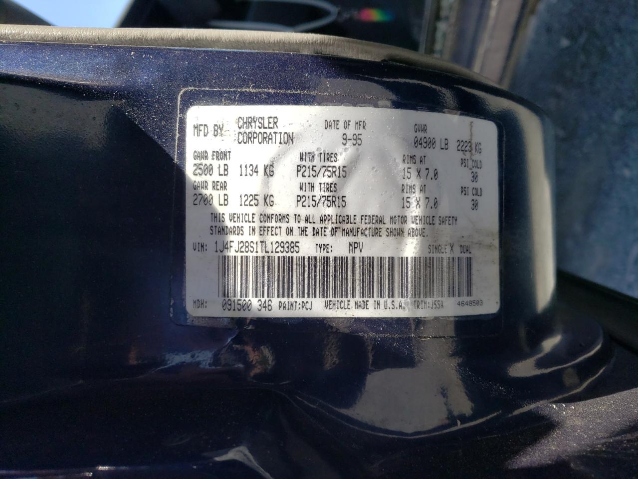 Photo 10 from auction – 1996 JEEP CHEROKEE S with VIN 1J4FJ28S1TL129385