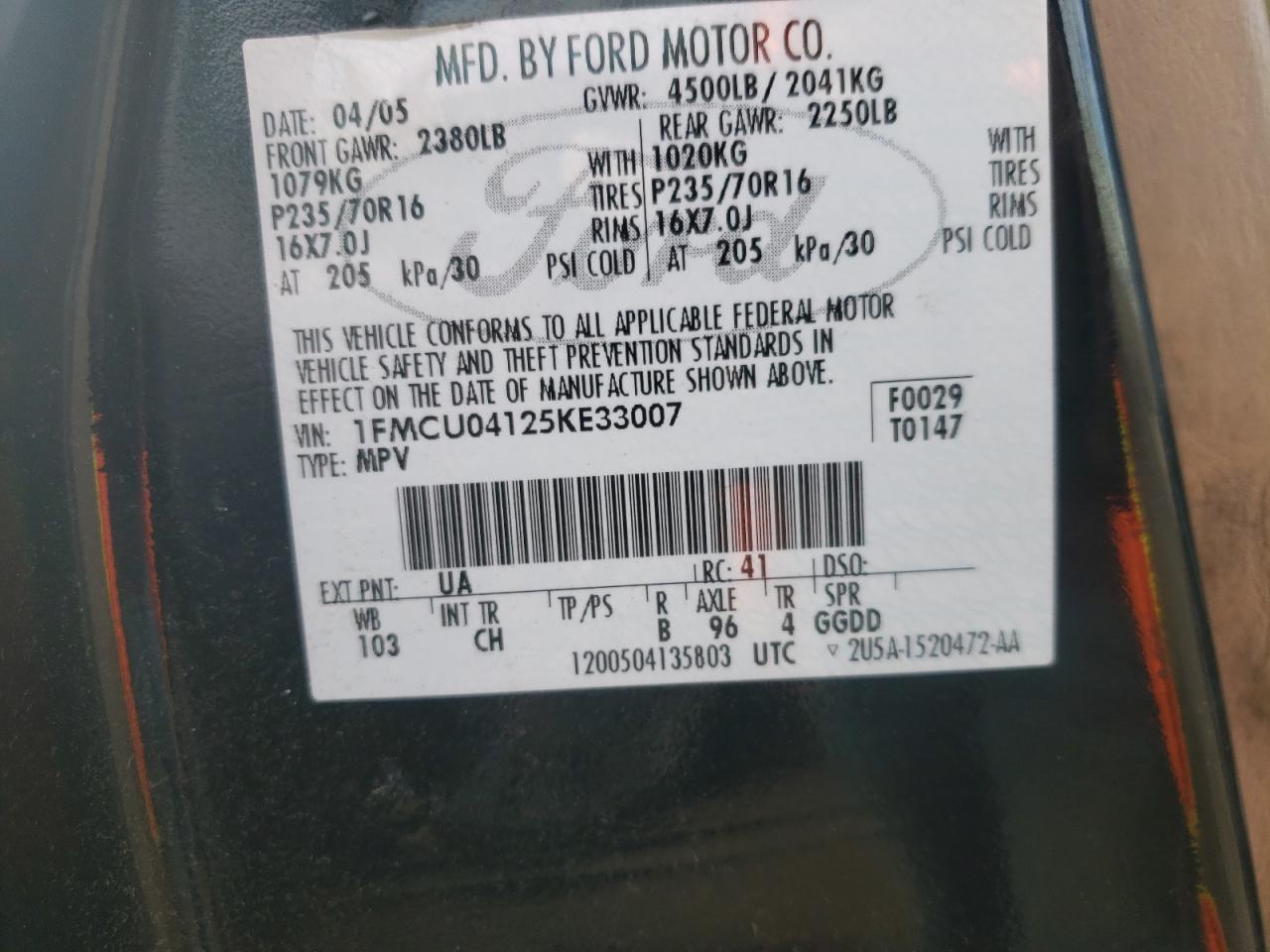 Photo 10 from auction – 2005 FORD ESCAPE LIM with VIN 1FMCU04125KE33007