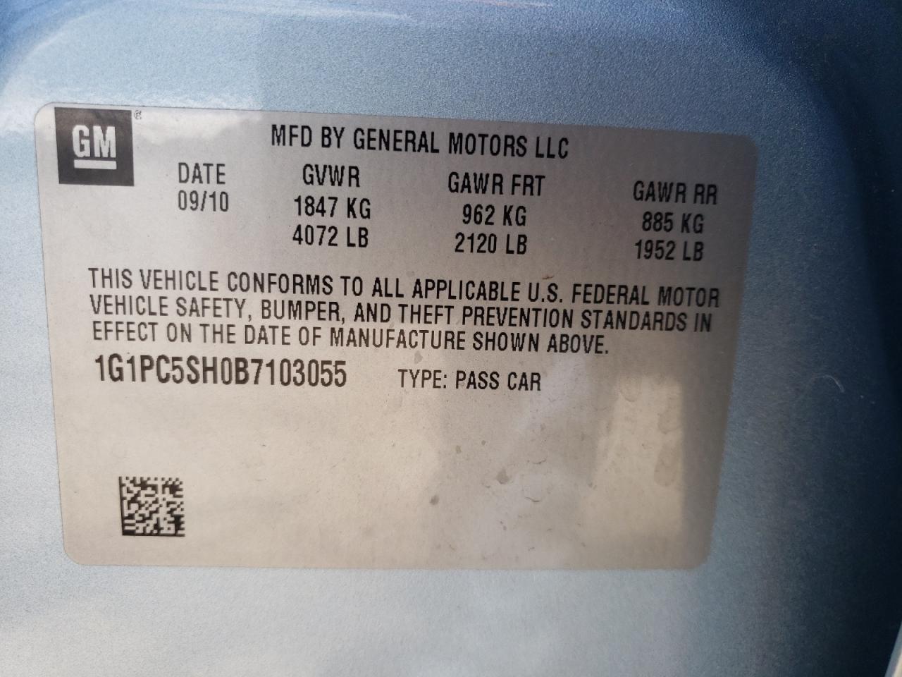 Photo 10 from auction – 2011 CHEVROLET CRUZE LS with VIN 1G1PC5SH0B7103055