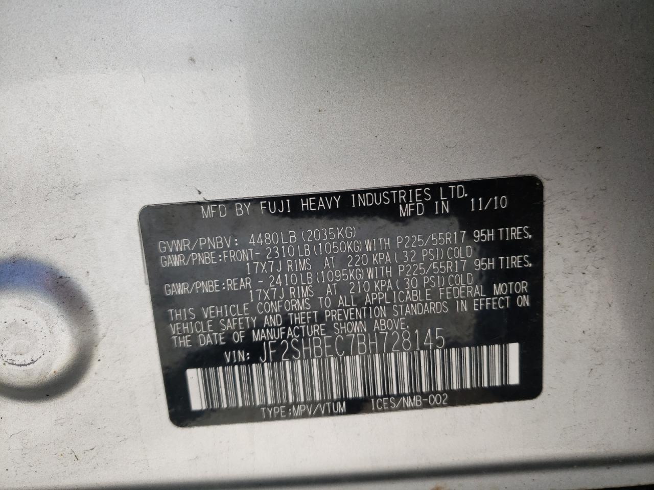 Photo 10 from auction – 2011 SUBARU FORESTER L with VIN JF2SHBEC7BH728145