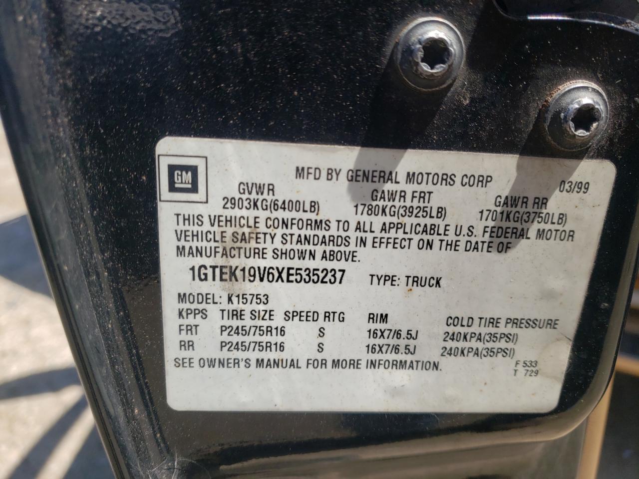 Photo 10 from auction – 1999 GMC NEW SIERRA with VIN 1GTEK19V6XE535237