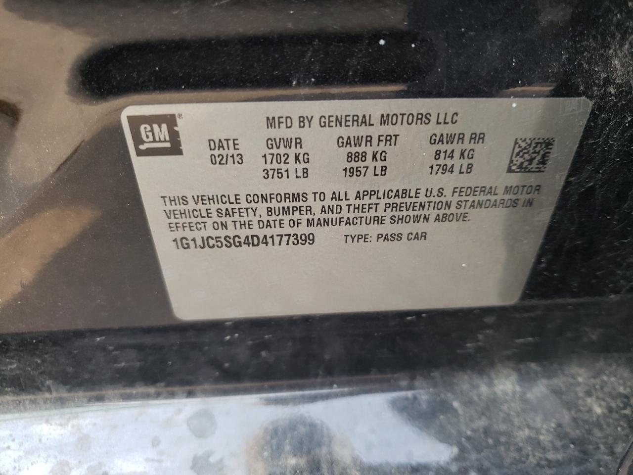 Photo 10 from auction – 2013 CHEVROLET SONIC LT with VIN 1G1JC5SG4D4177399