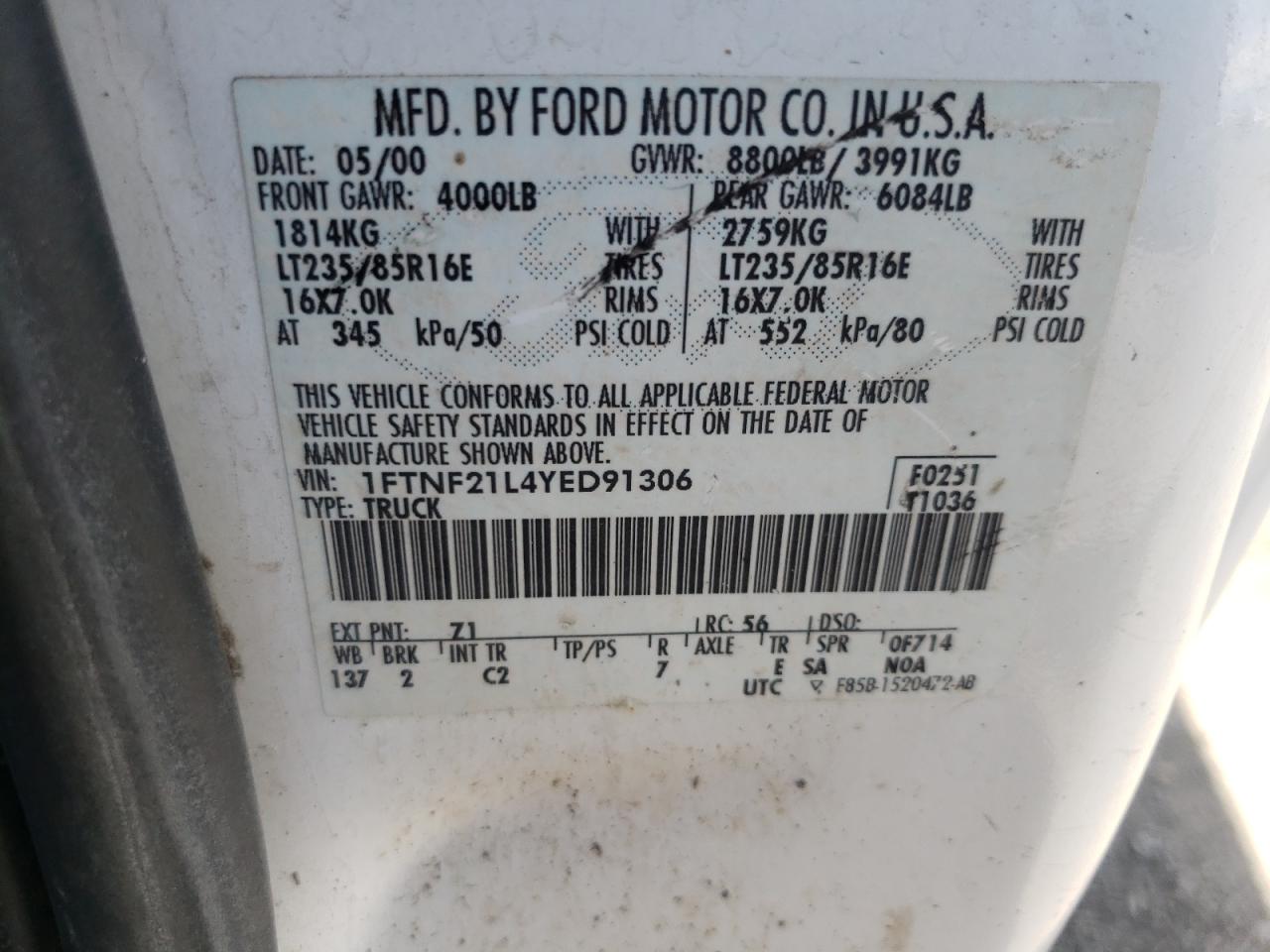 Photo 10 from auction – 2000 FORD F250 SUPER with VIN 1FTNF21L4YED91306
