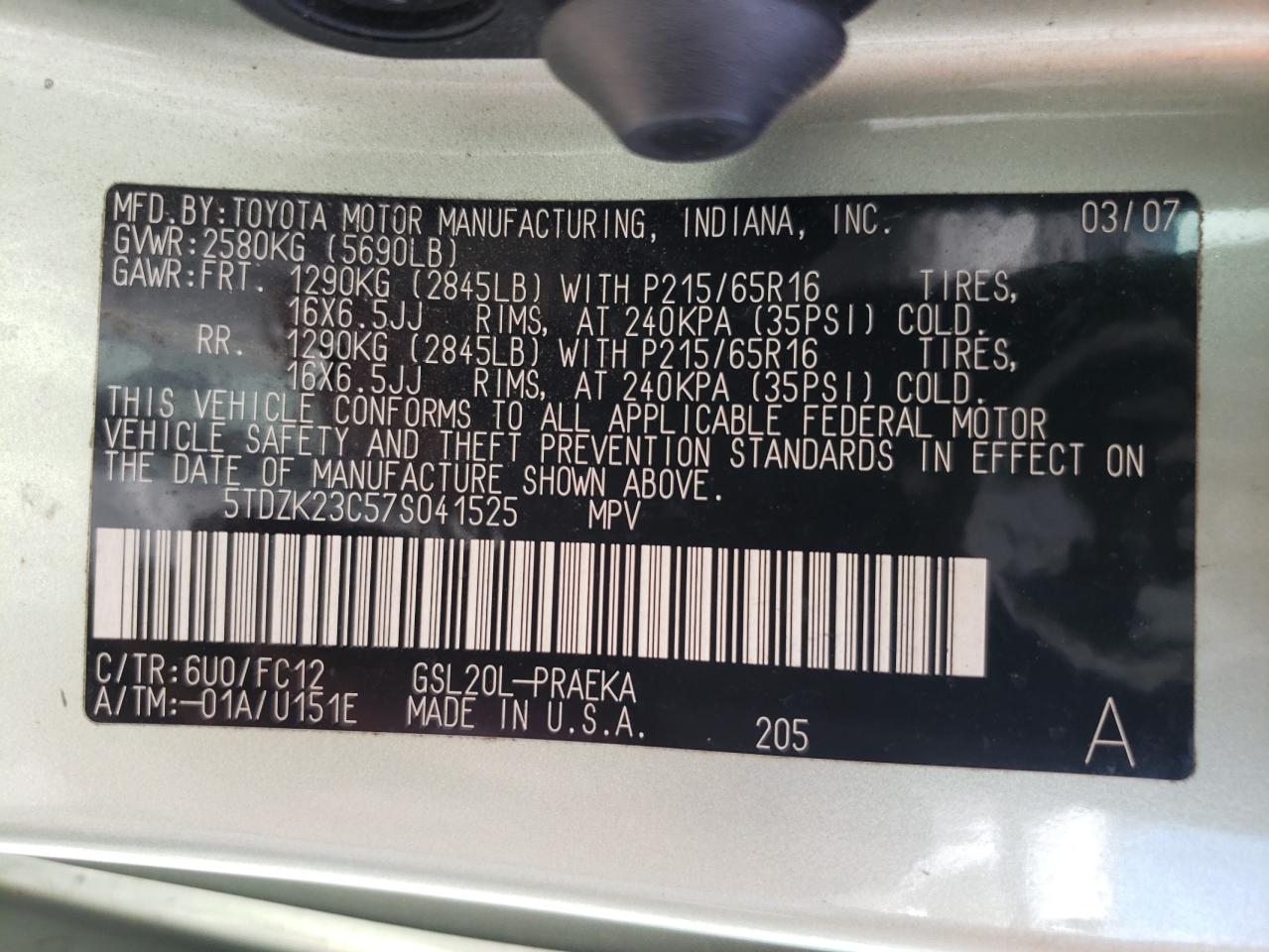 Photo 10 from auction – 2007 TOYOTA SIENNA CE with VIN 5TDZK23C57S041525