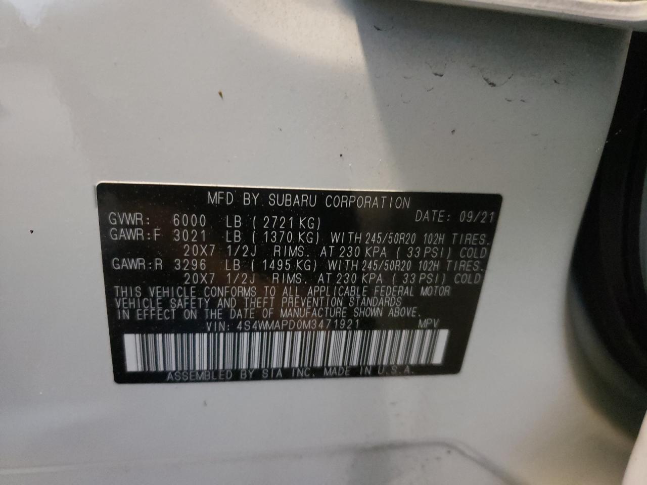 Photo 10 from auction – 2021 SUBARU ASCENT LIM with VIN 4S4WMAPD0M3471921