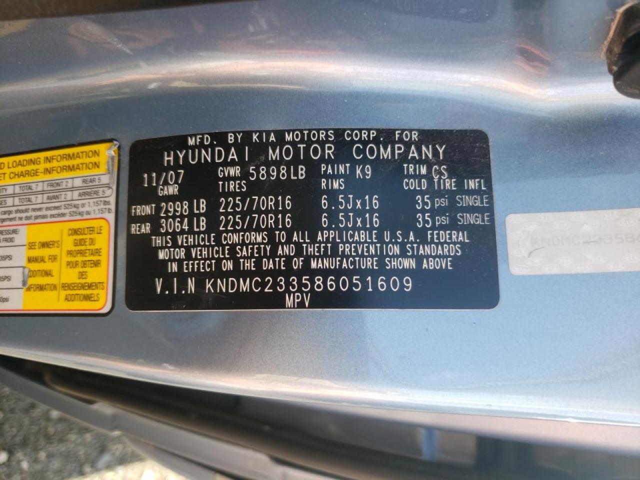 Photo 10 from auction – 2008 HYUNDAI ENTOURAGE with VIN KNDMC233586051609