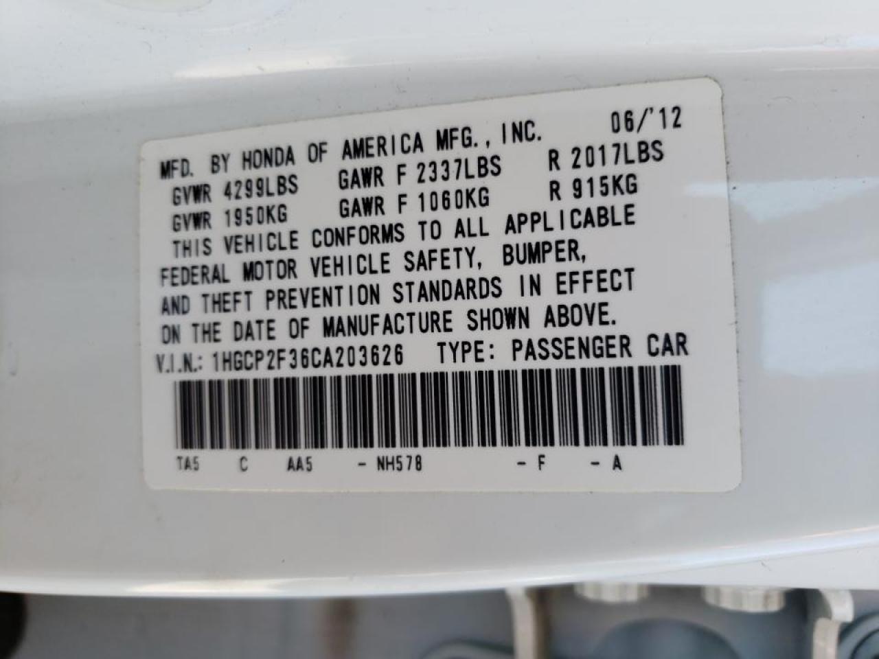 Photo 10 from auction – 2012 HONDA ACCORD LX with VIN 1HGCP2F36CA203626
