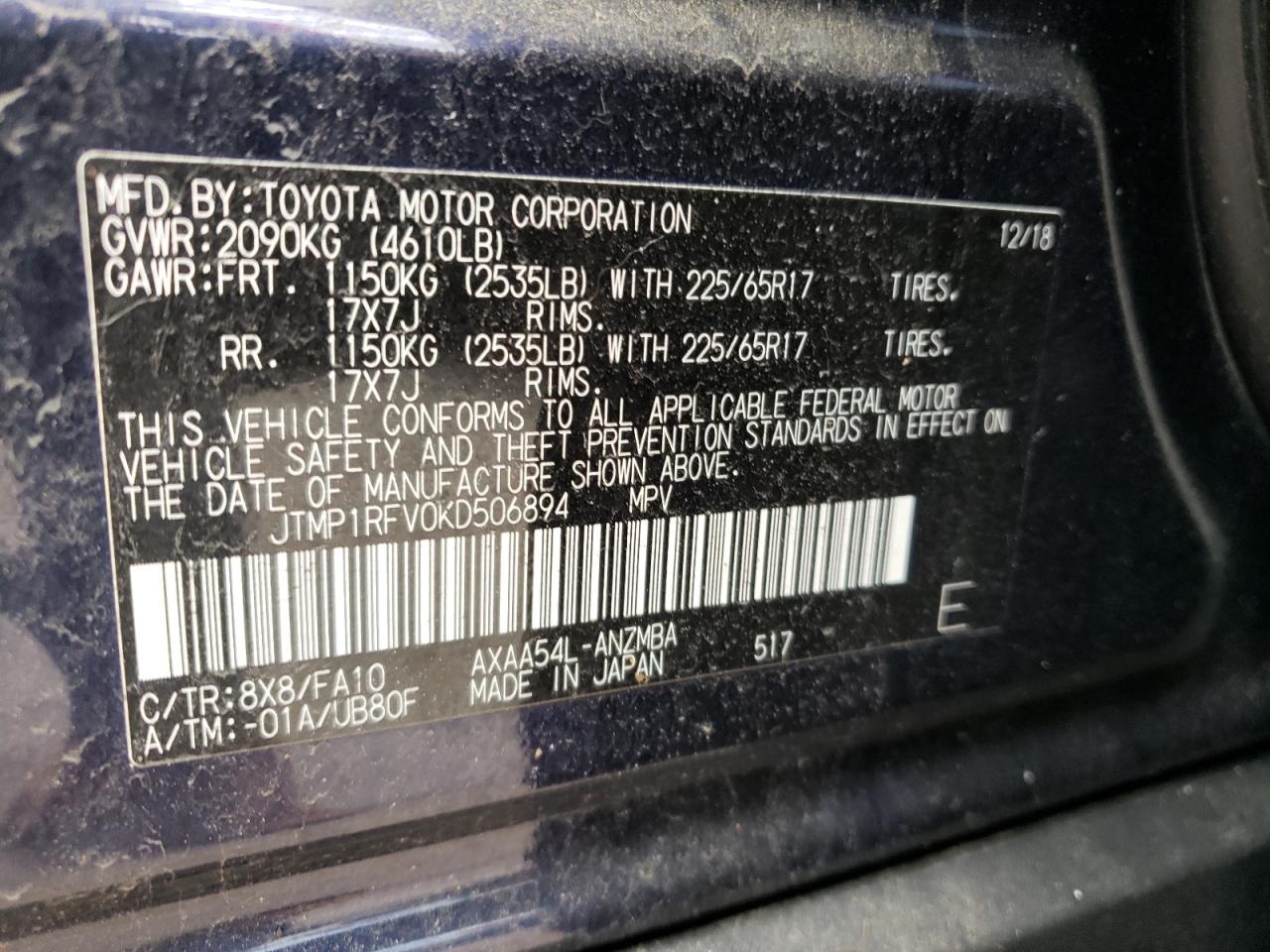 Photo 10 from auction – 2019 TOYOTA RAV4 XLE with VIN JTMP1RFV0KD506894