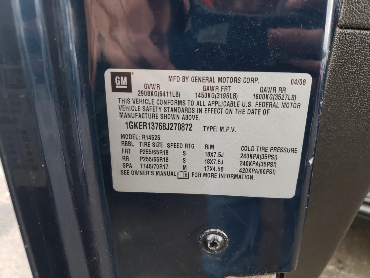 Photo 10 from auction – 2008 GMC ACADIA with VIN 1GKER13768J270872