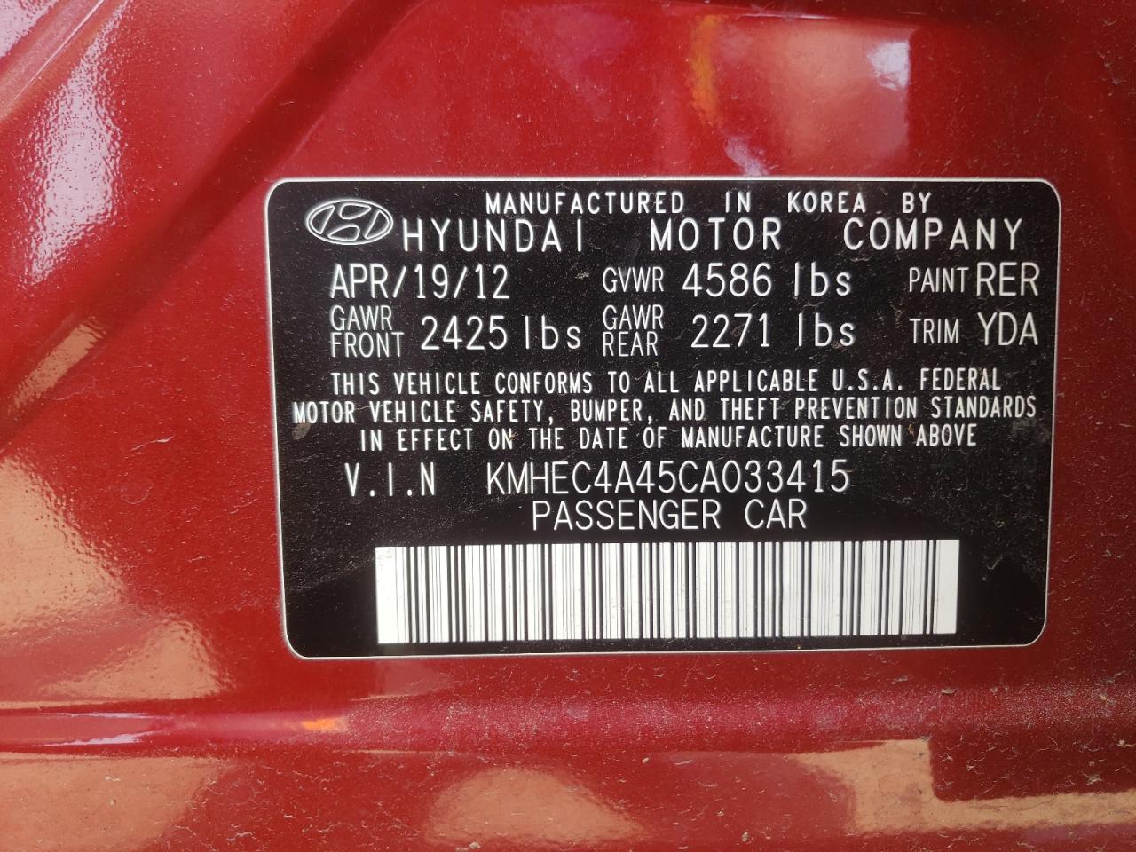 Photo 10 from auction – 2012 HYUNDAI SONATA HYB with VIN KMHEC4A45CA033415