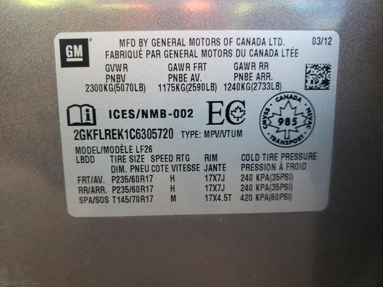 Photo 10 from auction – 2012 GMC TERRAIN SL with VIN 2GKFLREK1C6305720
