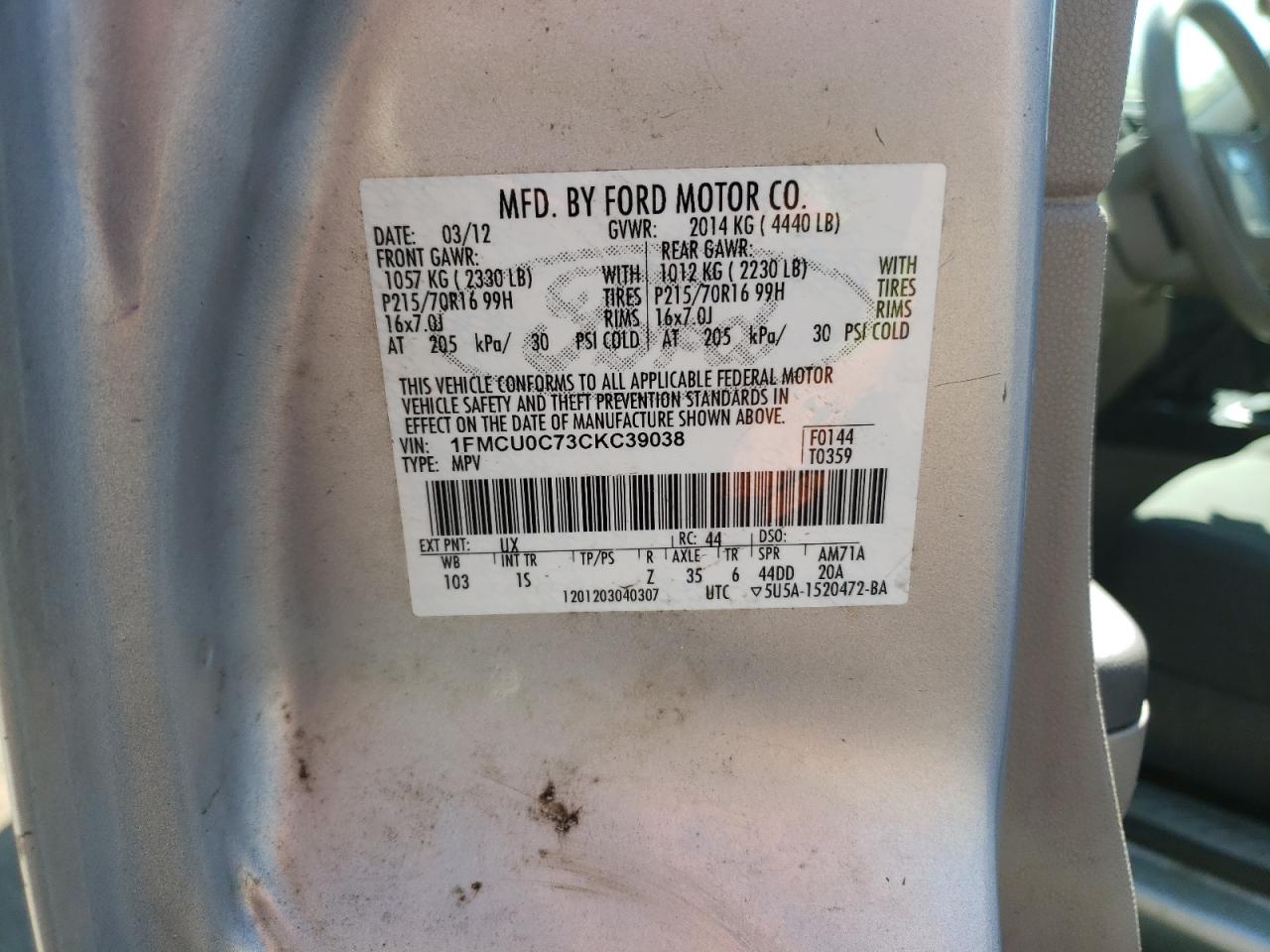 Photo 10 from auction – 2012 FORD ESCAPE XLS with VIN 1FMCU0C73CKC39038