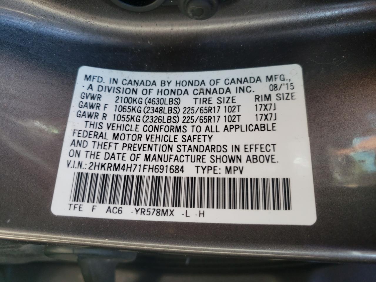 Photo 11 from auction – 2015 HONDA CR-V EXL with VIN 2HKRM4H71FH691684
