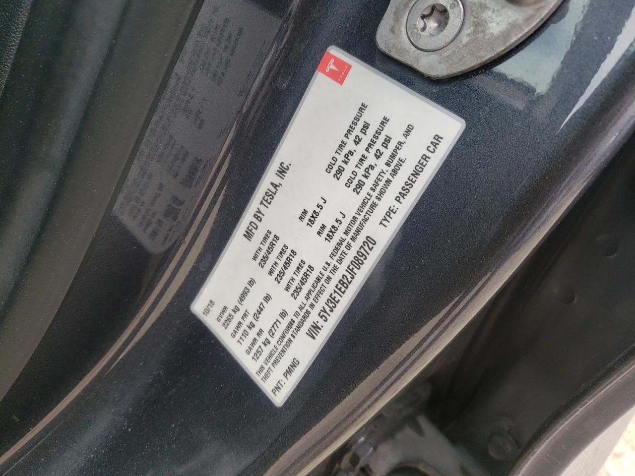 Photo 10 from auction – 2018 TESLA MODEL 3 with VIN 5YJ3E1EB2JF089720