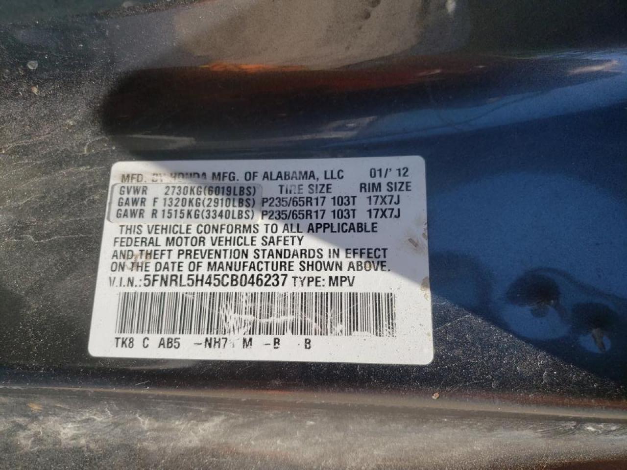 Photo 10 from auction – 2012 HONDA ODYSSEY EX with VIN 5FNRL5H45CB046237